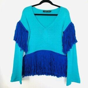 House of Harlow 1960 X Revolve- Teal/Blue Fringe V-Neck Knit Sweater- Small